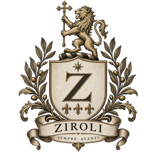 Ziroli crest — a lion holding a cross above a shield with a Z, three fleurs-de-lis, laurel branches and the motto Sempre Avanti